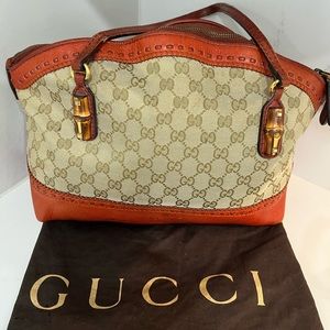 Gucci Beige Canvas Leather Bamboo Craft Tote Bar